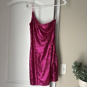 SHOWPO : Fuchsia one-shoulder sequin mini dress